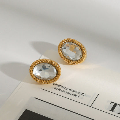 Design 18K Gold Stainless Steel Oval Glass Stone Earrings